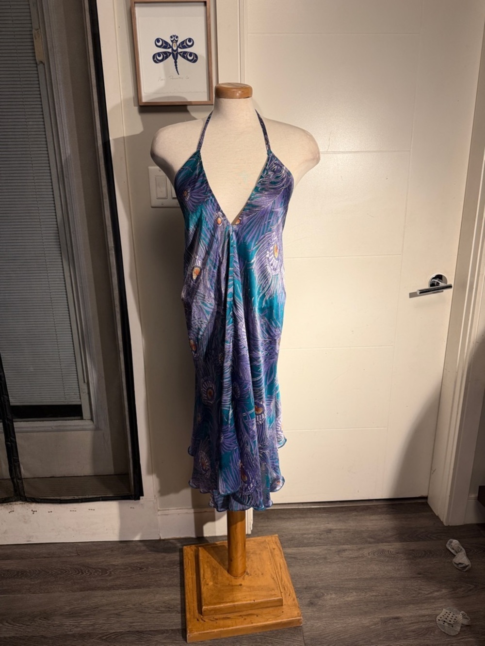 Silky Peacock Print Halter Midi Dres